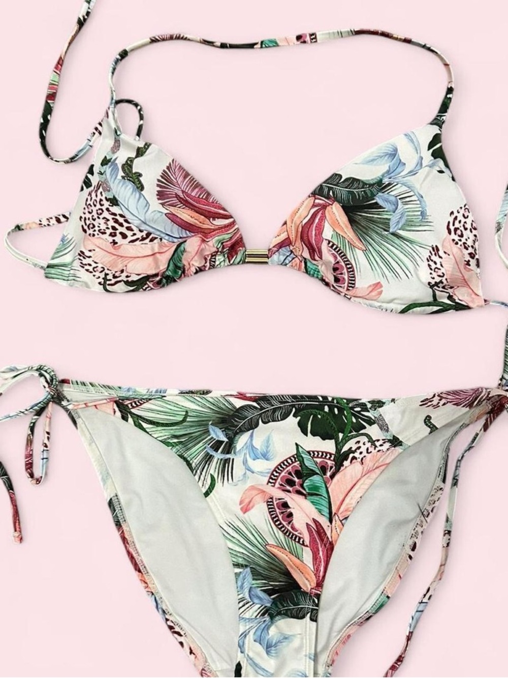 Kian D Tropical Floral Tie-Side Bikini Set - White with Pink & Green